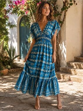 Bohemian Blue Floral V-Neck Maxi Dress with gold flecks ! Fits XS to XL !!!!